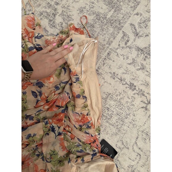 Lulus Stunning Soiree Blush Pink Floral Print Ruched Midi Dress Size Large NWT - Picture 7 of 9